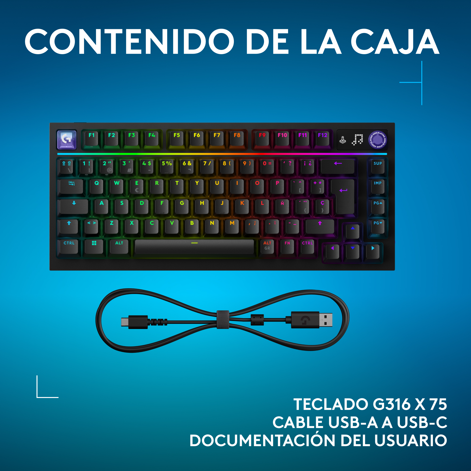 Contenido de la caja: teclados G316 X 75, Cable USB-A a USB-C, Documentación del usuario