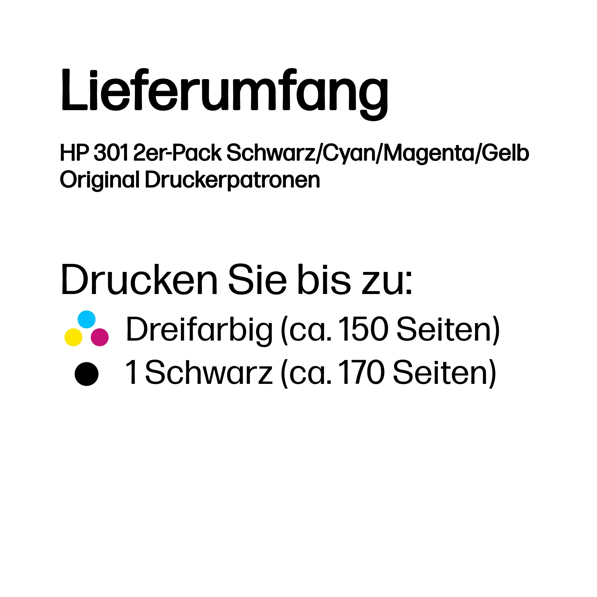 Deutscher Text zu HP 301 Druckerpatronen: Inhalt, dreifarbig ca. 150 Seiten, 1 schwarz ca. 170 Seiten.