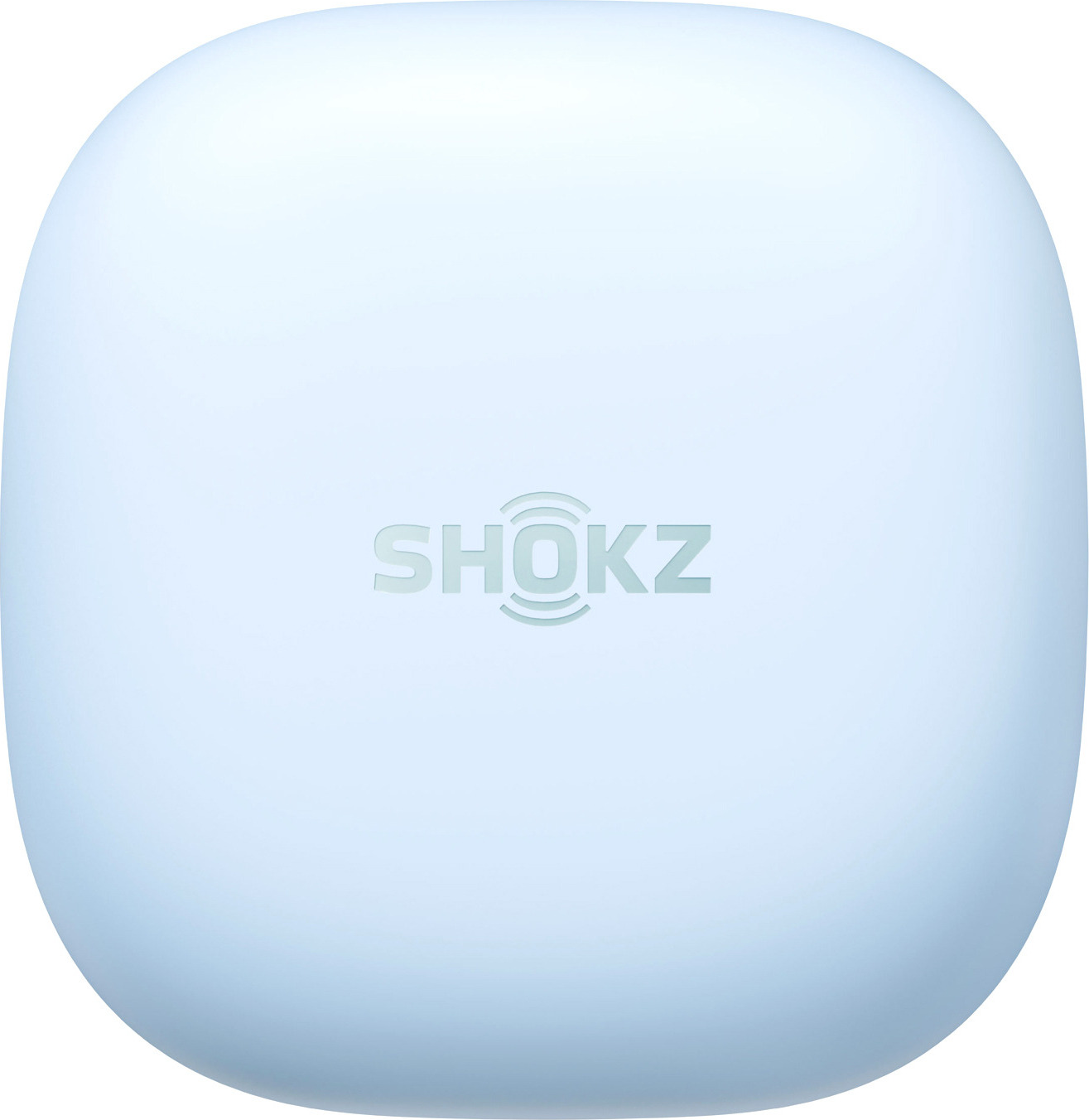 Ein hellblauer, quadratischer Shokz Ladecase mit abgerundeten Ecken und zentriertem Logo.