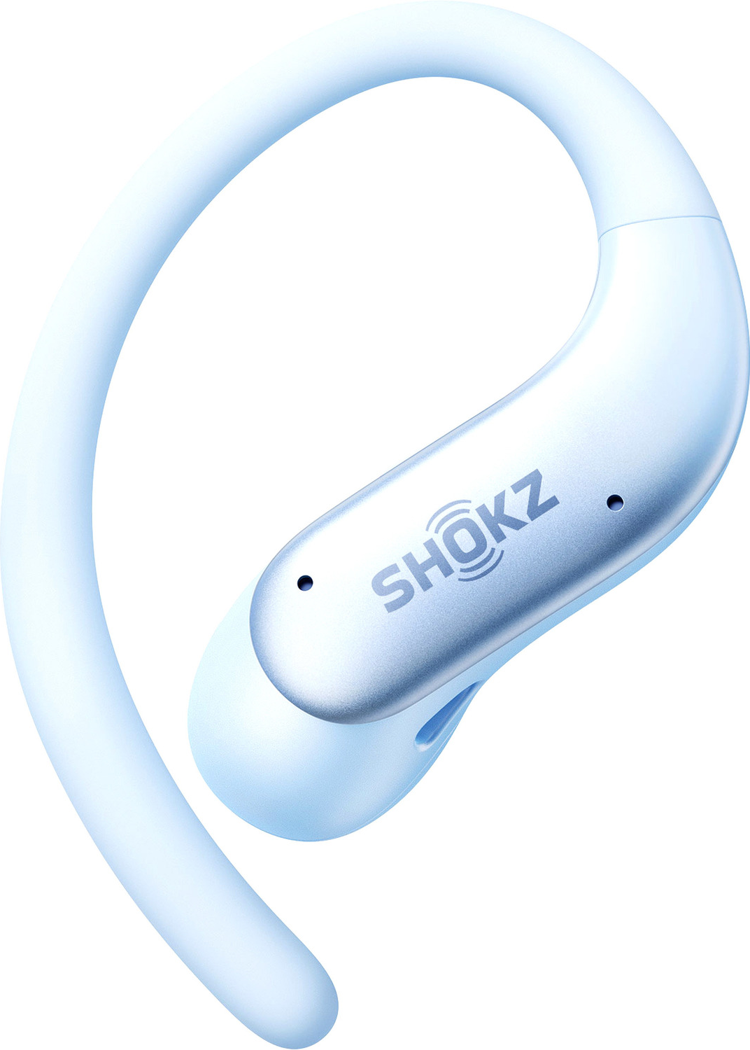 Ein hellblauer Shokz Open-Ear-Kopfhörer mit Ohrbügel vor weißem Hintergrund.