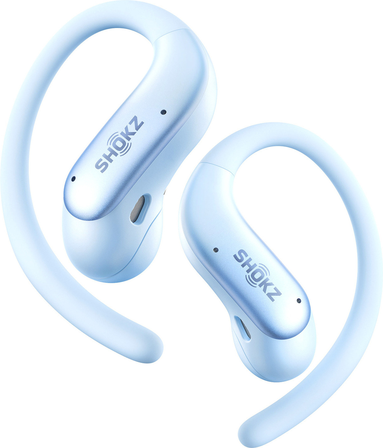 Hellblaue Shokz OpenFit Kopfhörer mit Ohrbügeln auf weißem Hintergrund.