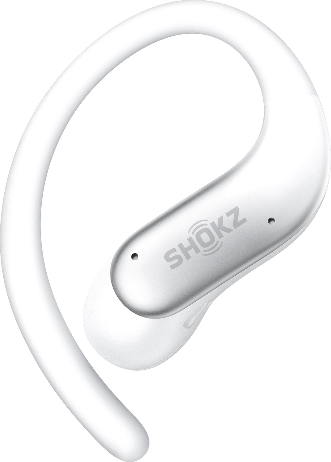 Ein weißer Shokz Open-Ear-Kopfhörer mit Ohrbügel vor einem weißen Hintergrund.