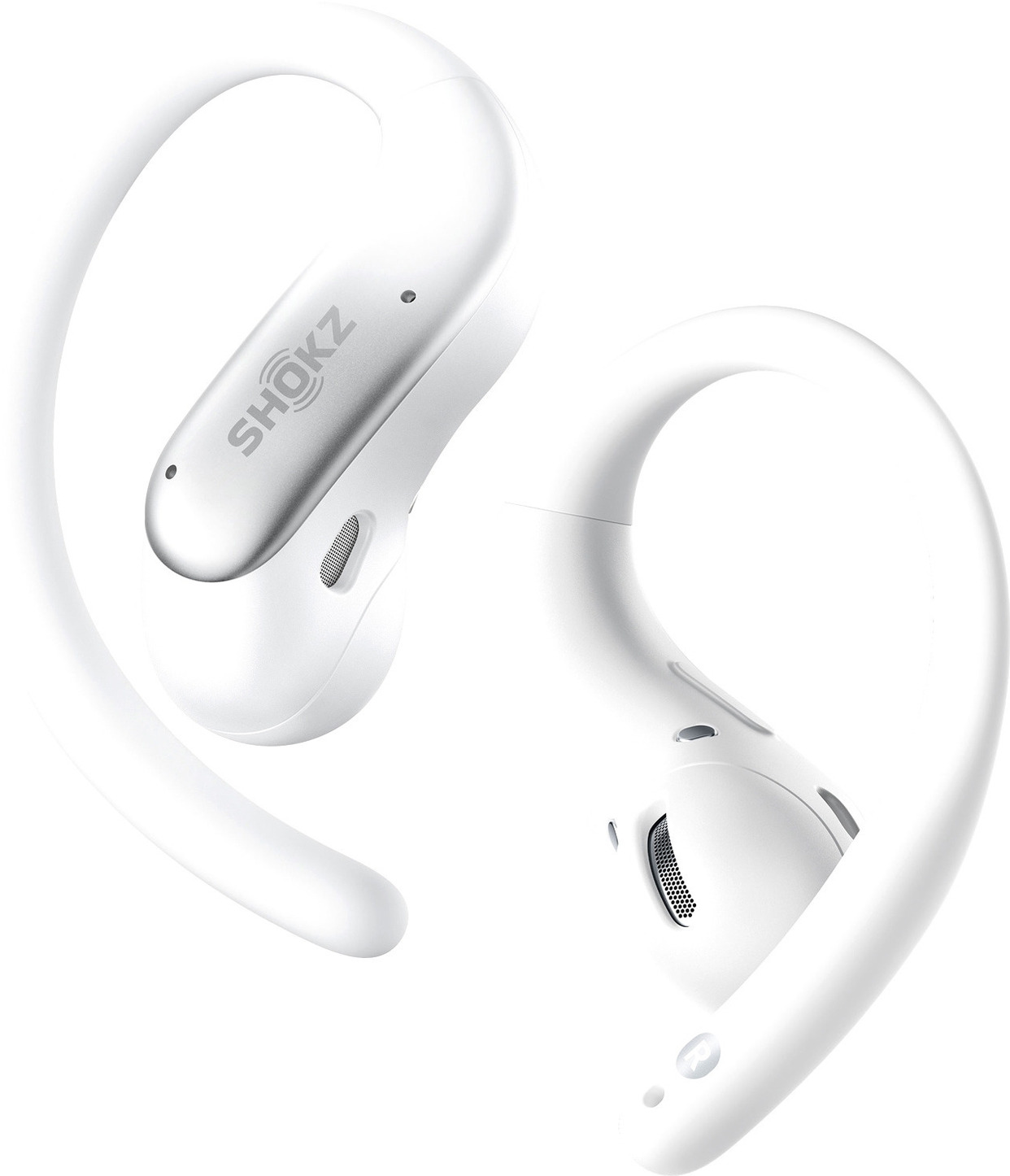 Zwei weiße kabellose Open-Ear-Kopfhörer mit Ohrbügeln und Shokz-Logo vor weißem Hintergrund.