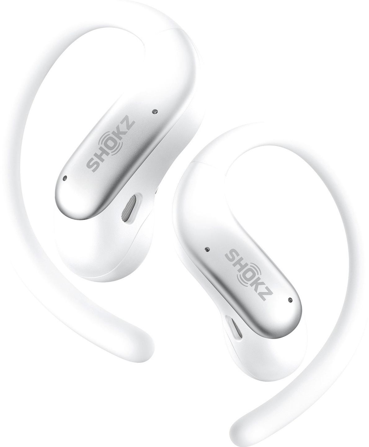 Zwei weiße Shokz-Ohrhörer mit Ohrbügel und silbernem Akzent auf weißem Hintergrund.