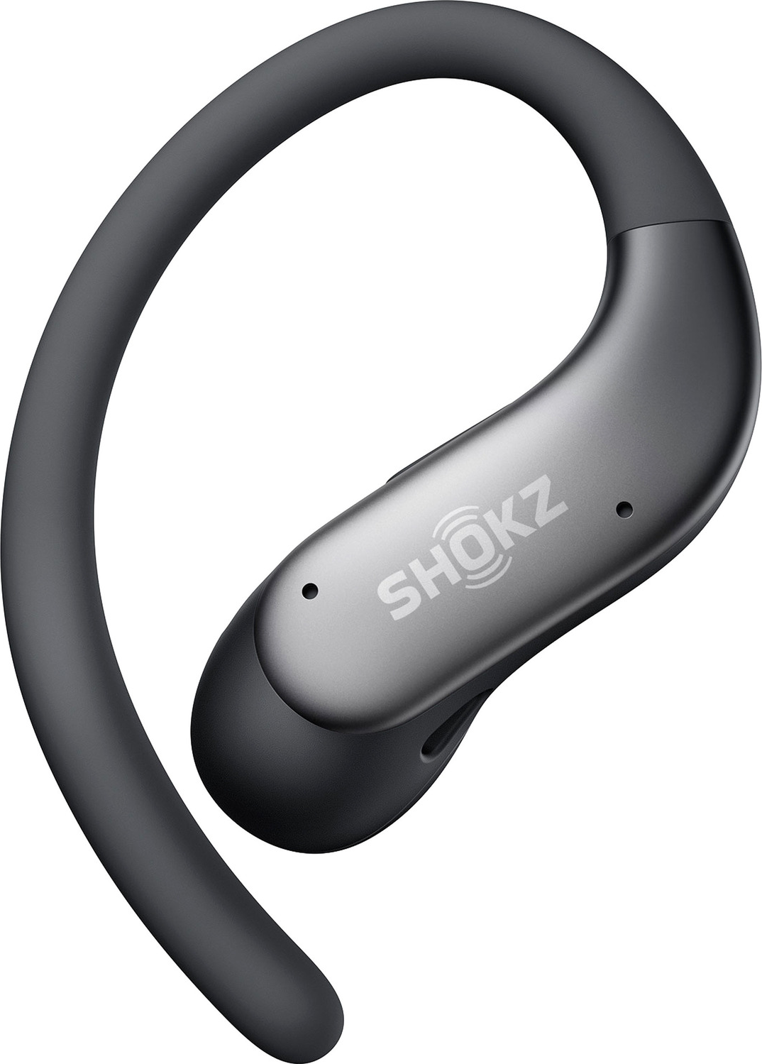 Ein schwarzer Shokz Open-Ear-Kopfhörer mit Ohrbügel auf weißem Hintergrund.