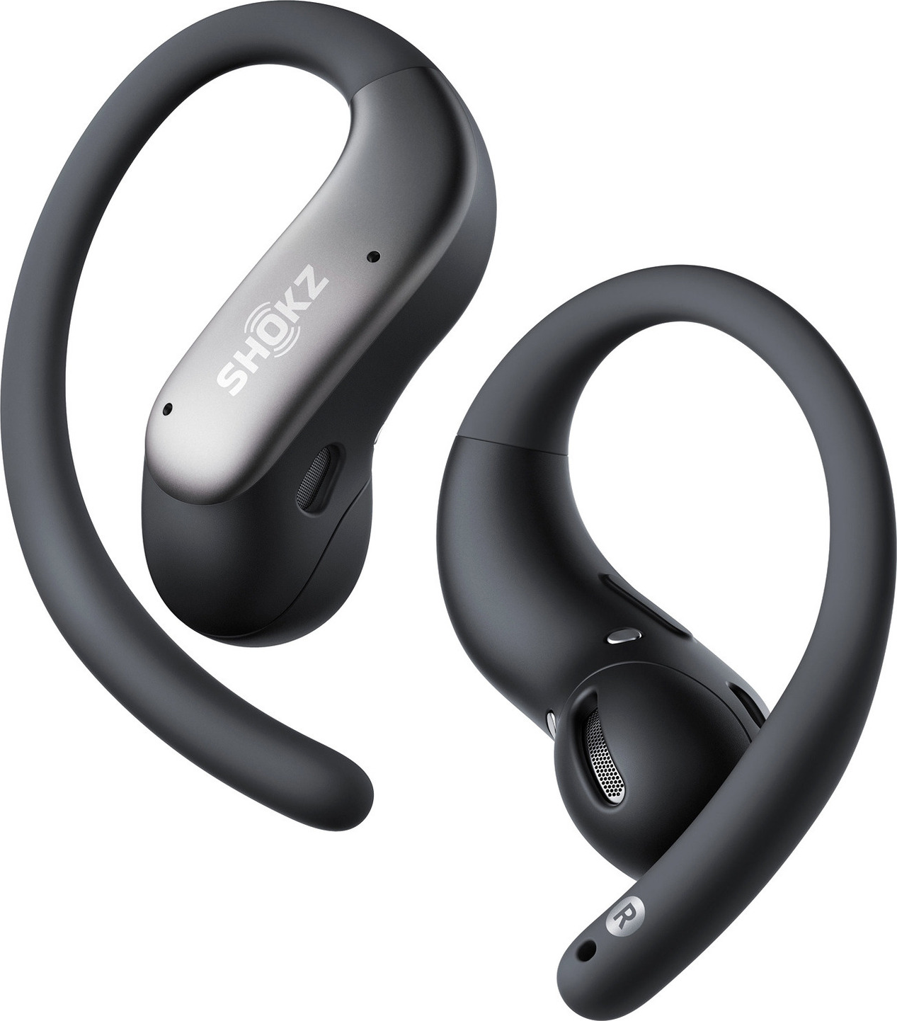 Zwei schwarze Shokz Open-Ear-Kopfhörer mit Ohrbügeln vor weißem Hintergrund.