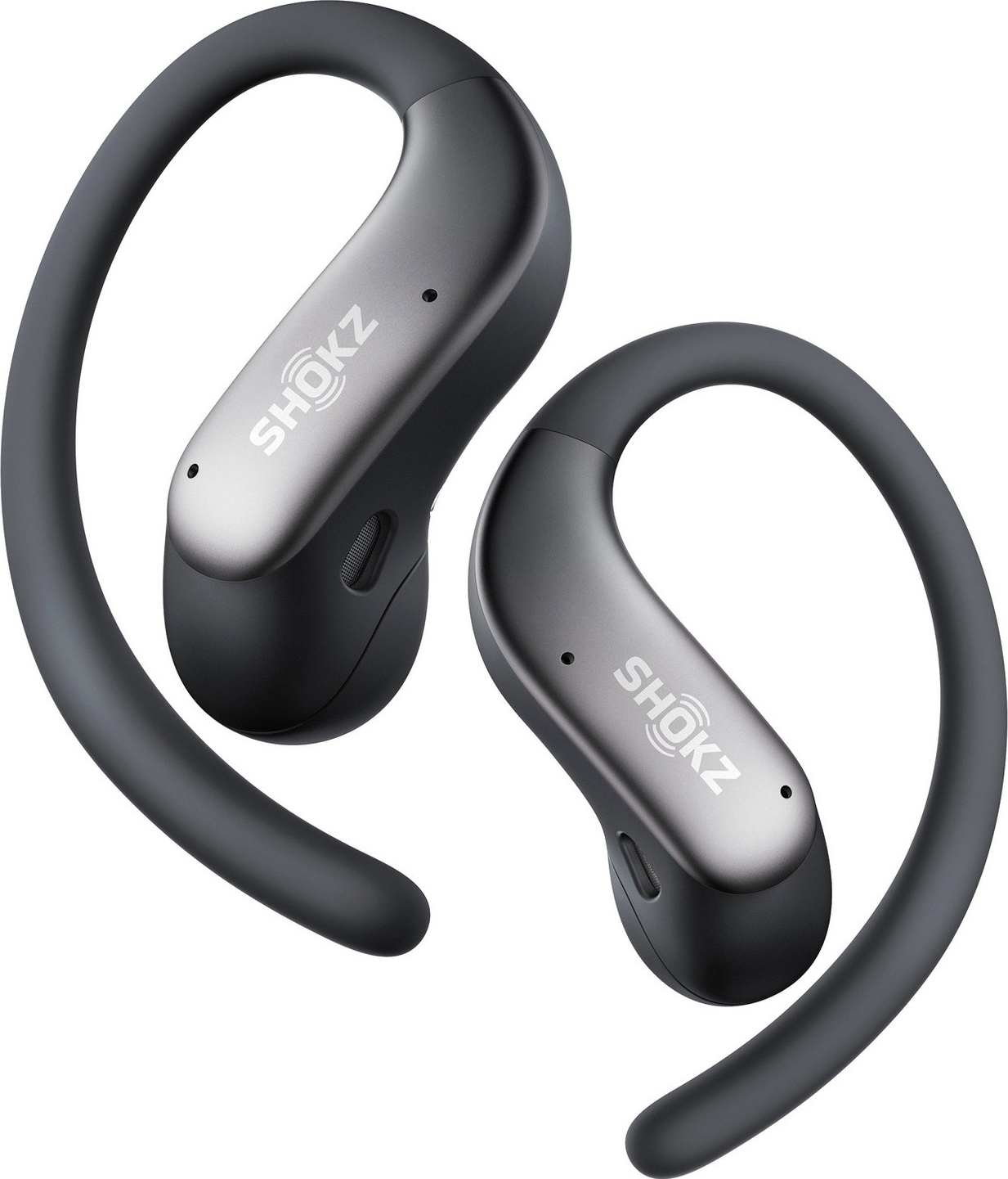 Dunkelgraue Shokz OpenFit Ohrhörer mit Ohrbügel und silbernem Logo vor weißem Hintergrund.