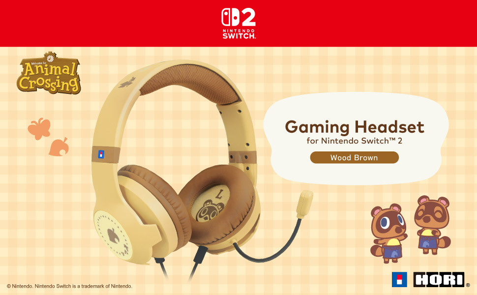 Cuffie gaming Animal Crossing Wood Brown per Nintendo Switch 2 su sfondo a quadri con logo Hori.