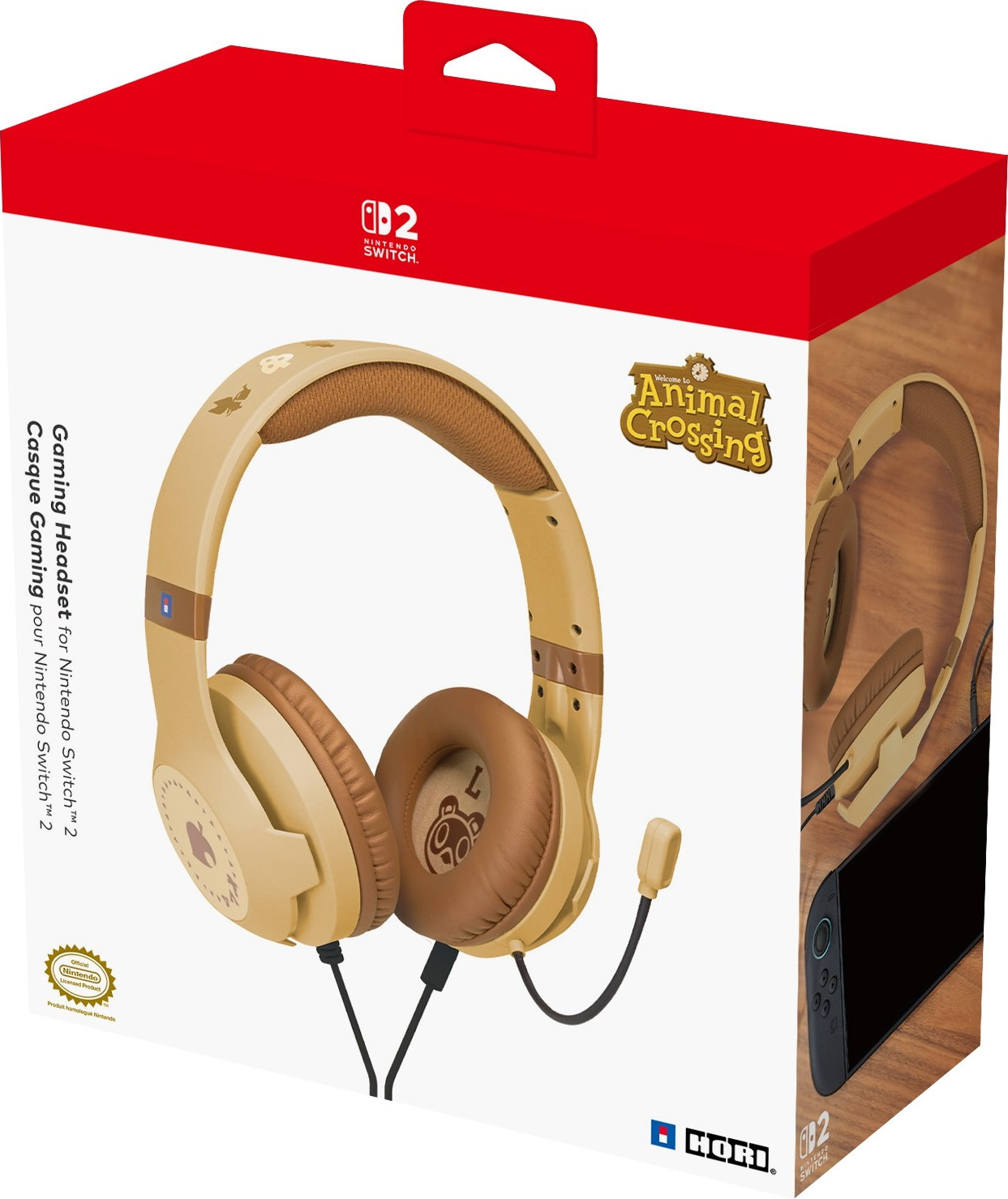 Confezione cuffie gaming Animal Crossing per Nintendo Switch 2 in beige e marrone.