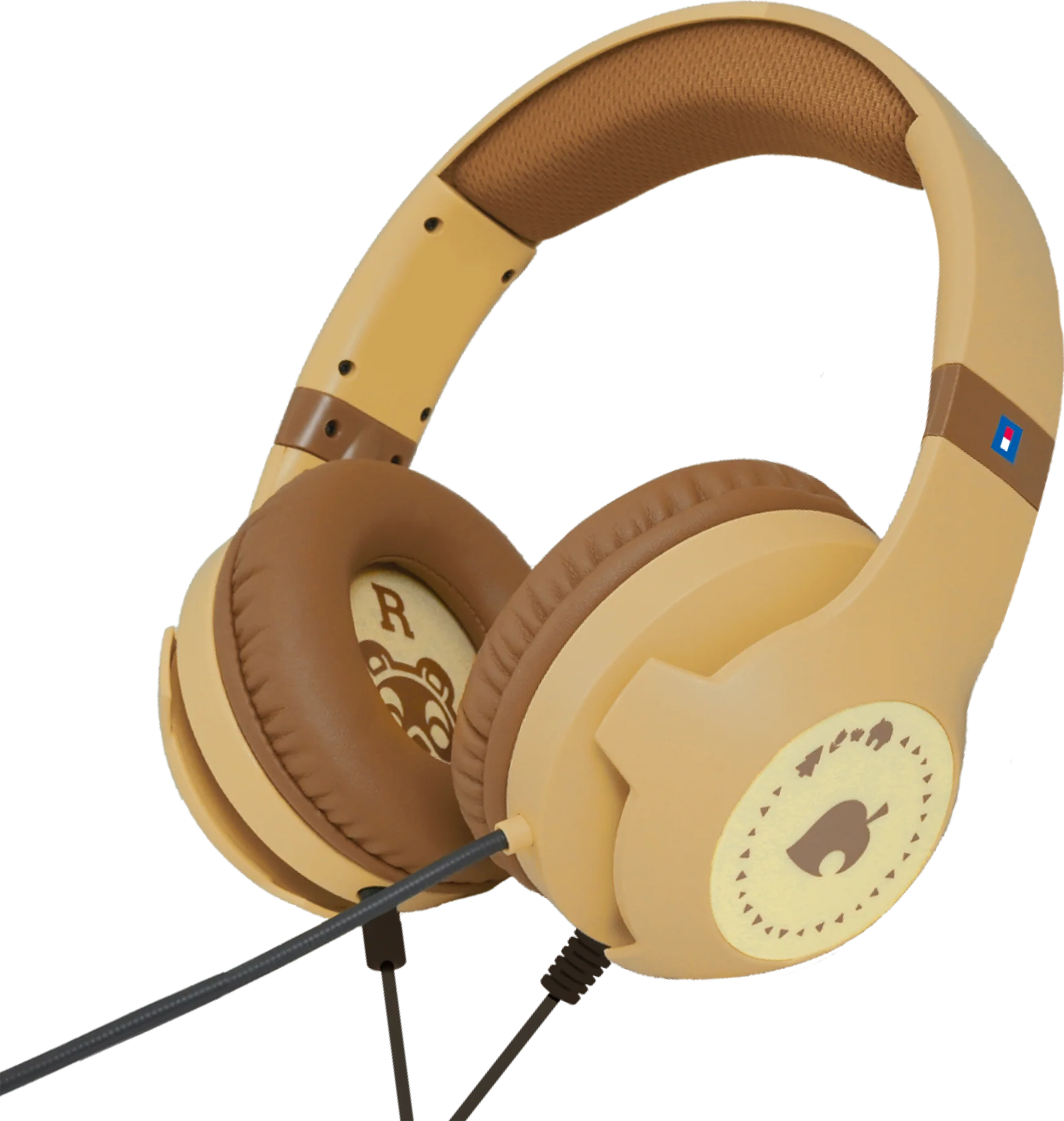Cuffie on-ear beige e marroni con tema Animal Crossing e cavo su sfondo nero.