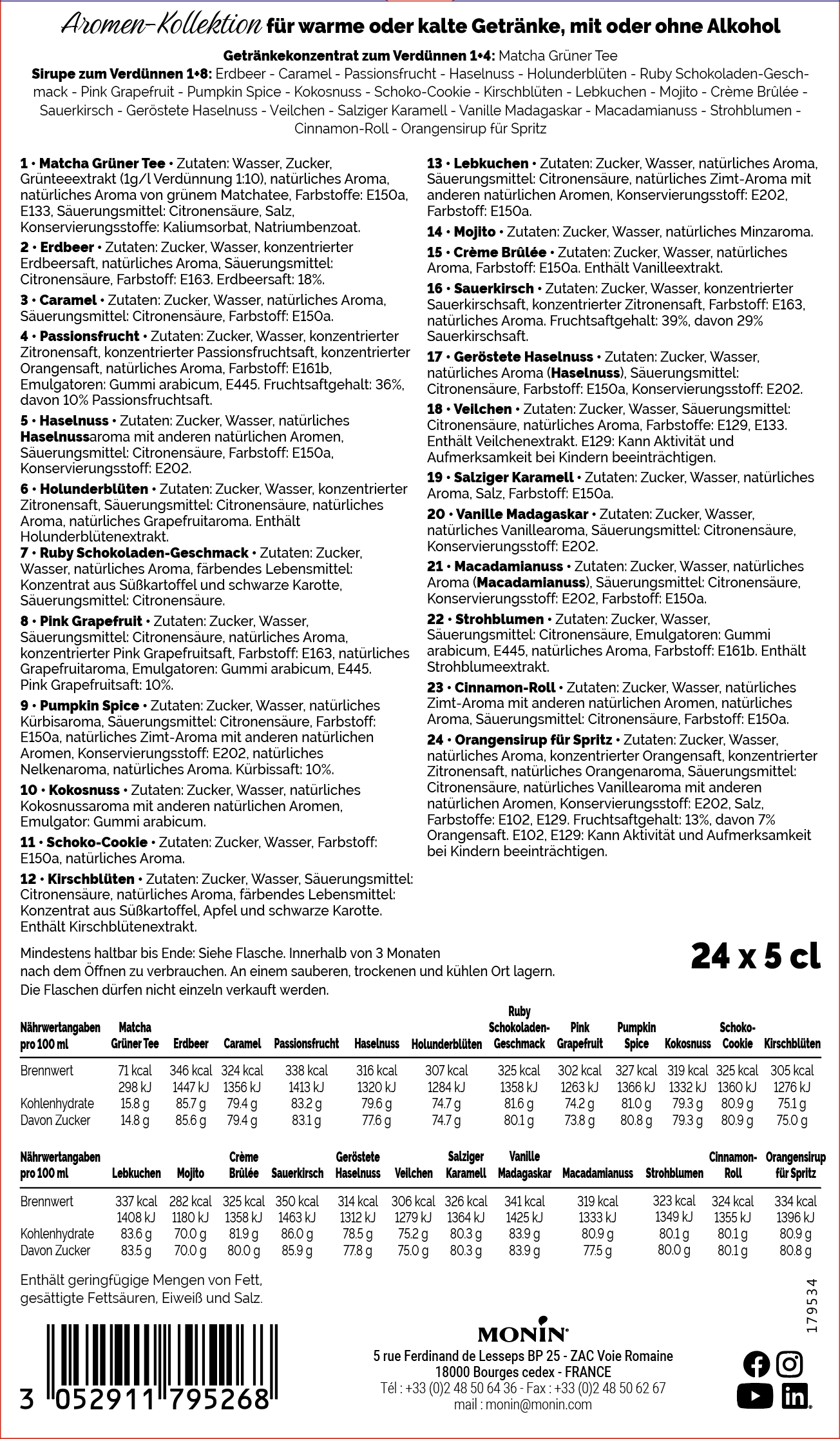 Übersicht von Monin-Sirup-Sorten mit Zutaten, Nährwerten und Herstellerinfos.
