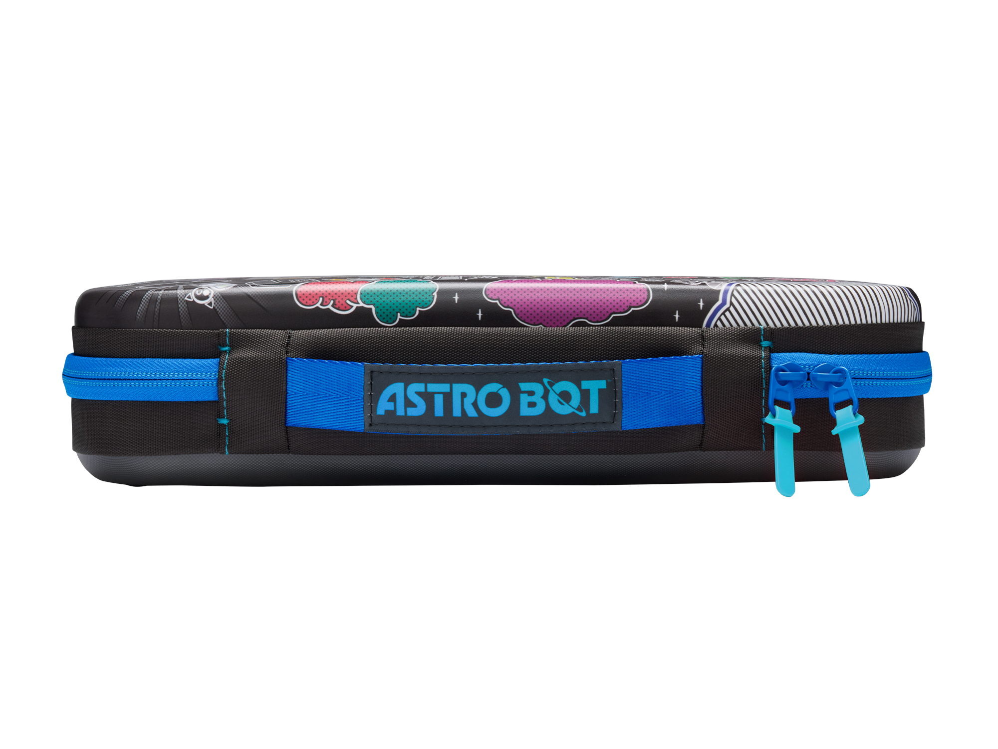 Ein schwarzes Hartschalenetui mit blauem Reißverschluss, blauer Handschlaufe und der Aufschrift Astro Bot auf schwarzem Grund.