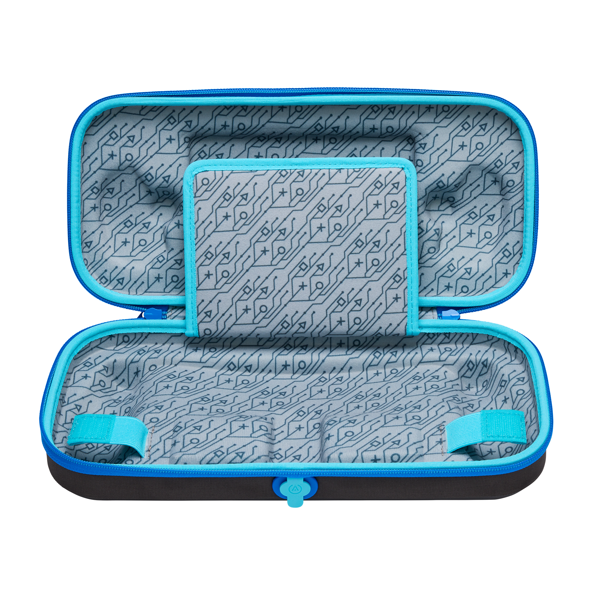 Ein offenes schwarz-blaues Etui mit grauem Innenfutter im Platinen- und PlayStation-Muster.