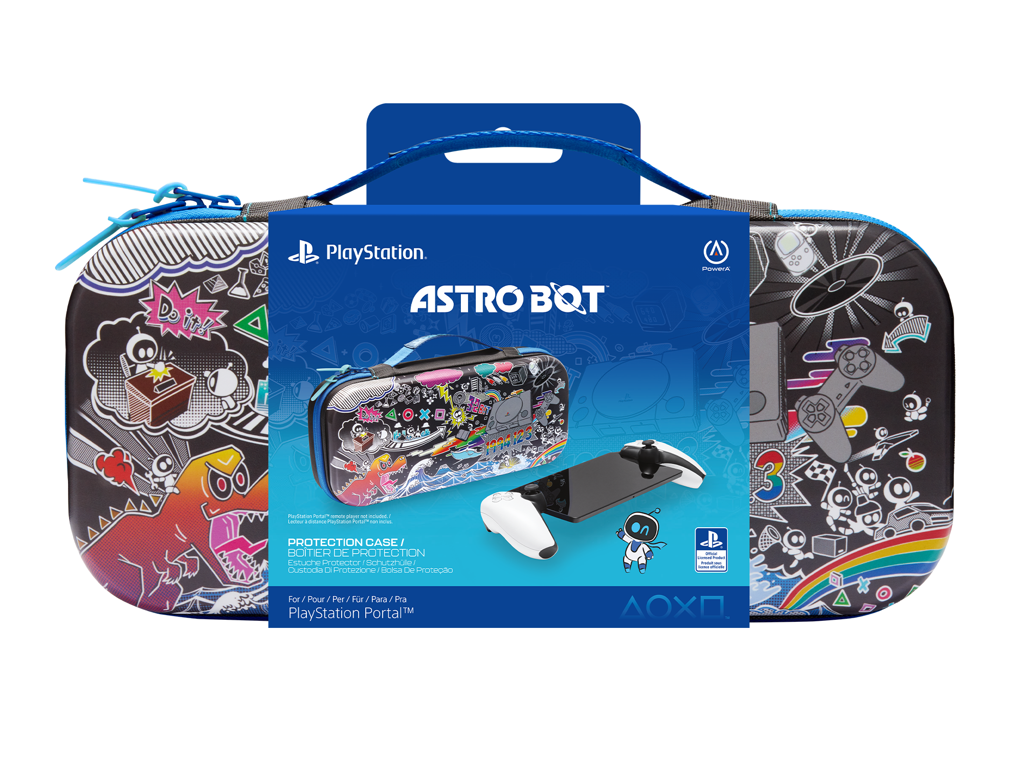 Astro Bot Schutzhülle für PlayStation Portal mit buntem Comic-Design und blauer Verpackung.