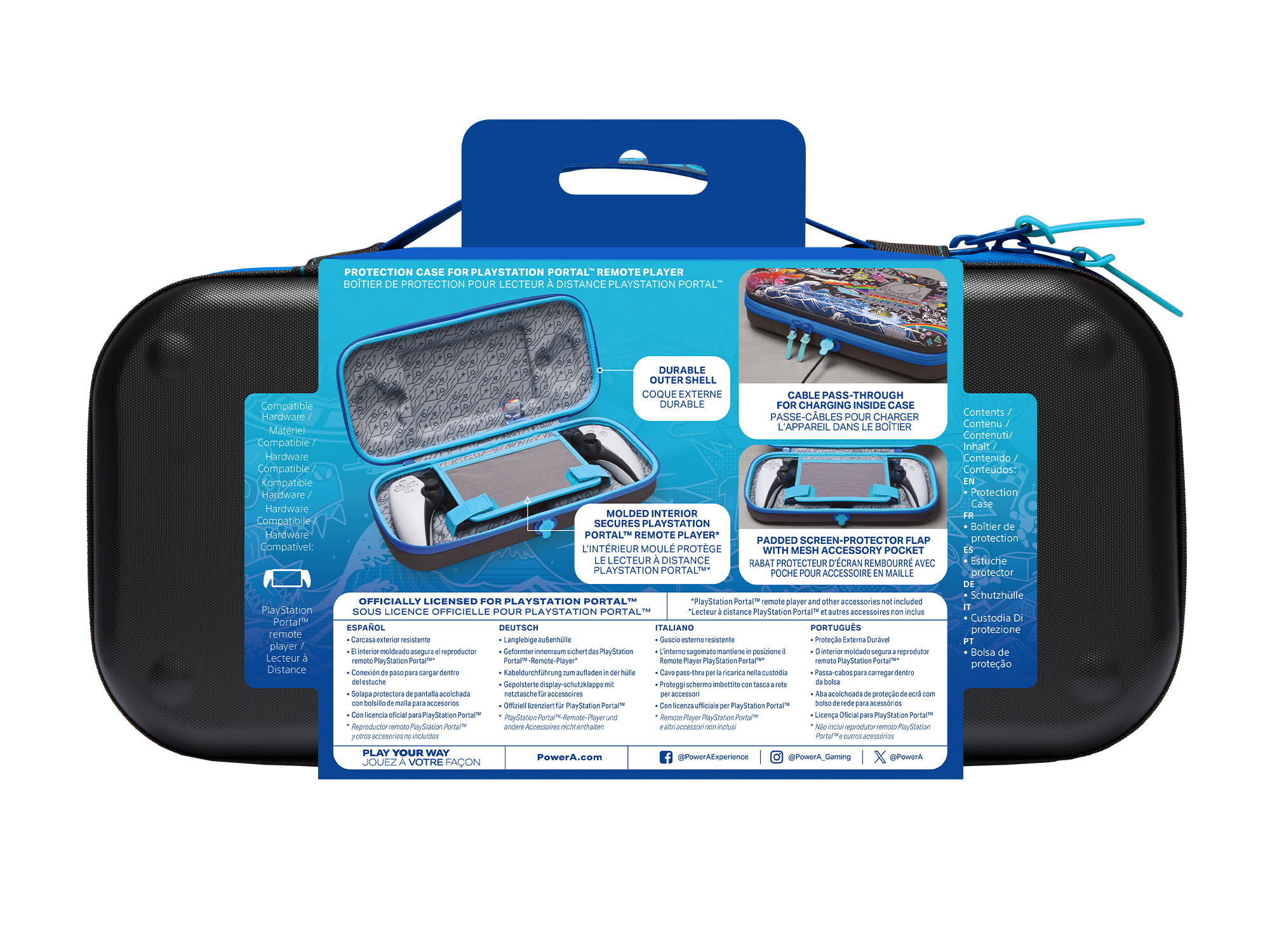 Verpackung für eine blau-schwarze PlayStation Portal Schutzhülle mit Funktionen und Details.
