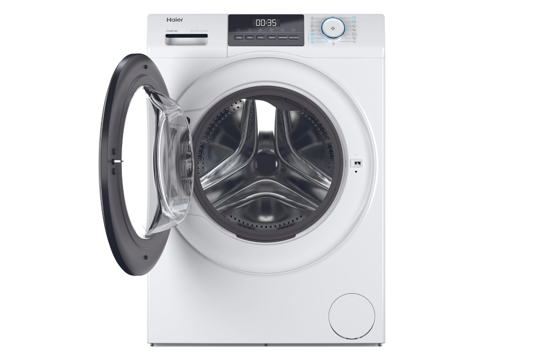 Una lavadora Haier blanca con la puerta de vidrio abierta, mostrando el tambor de acero inoxidable y el panel.