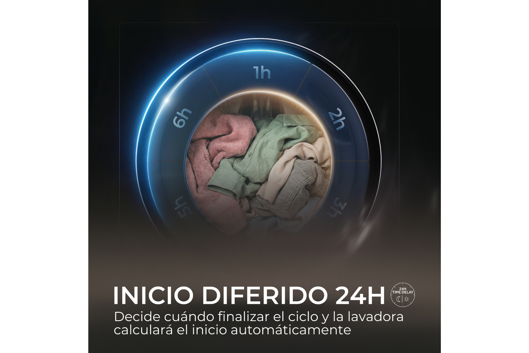 Puerta de lavadora con selector de tiempo y ropa colorida dentro, con el texto "Inicio Diferido 24H".