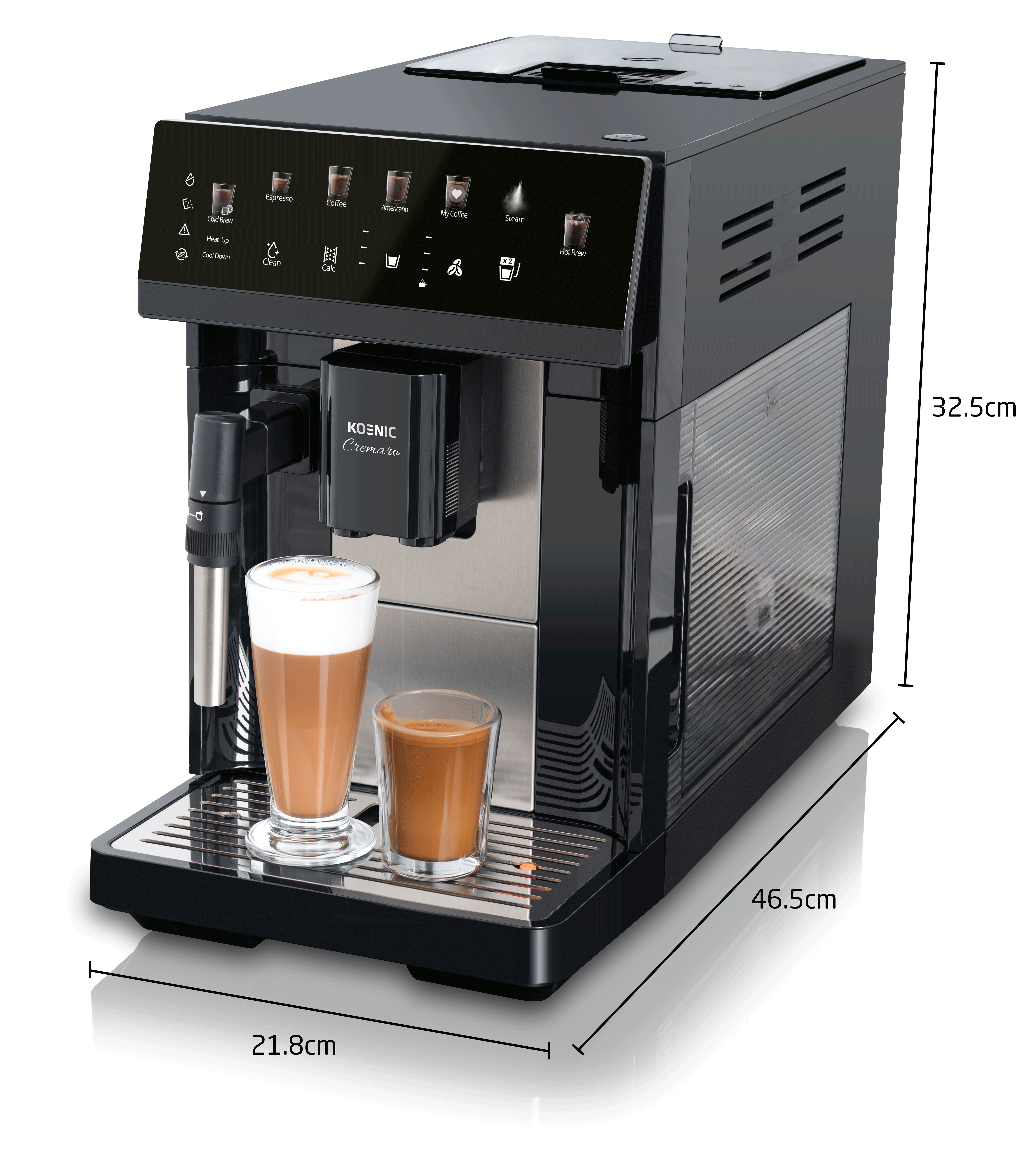 Czarny ekspres do kawy Koenic Cremaro z latte i espresso na tacce ociekowej, z wymiarami.