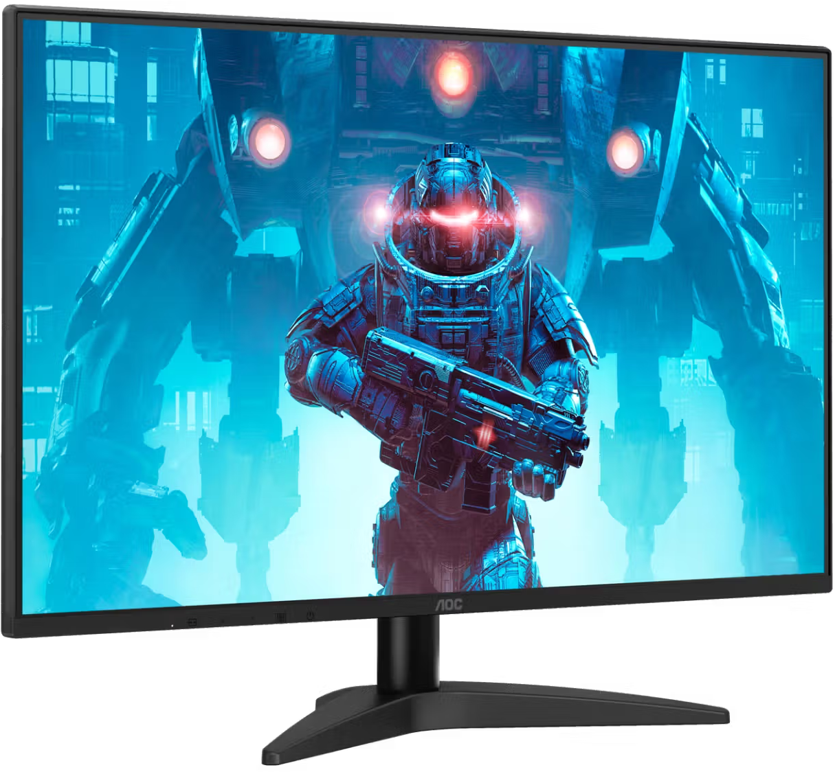 Egy fekete számítógépes monitor egy sci-fi játékjelenetet mutat egy futurisztikus katonával és egy nagy mechel.