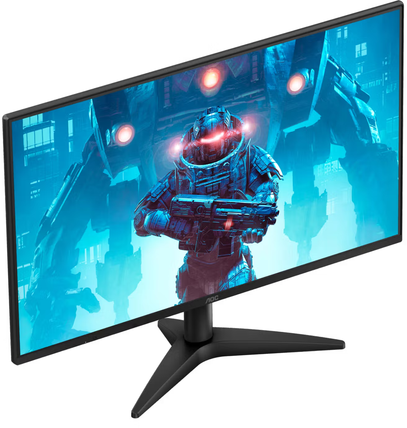 Egy fekete AOC gamer monitor futurisztikus sci-fi jelenetet mutat egy robottal, kék és izzó fényárnyalatokkal.