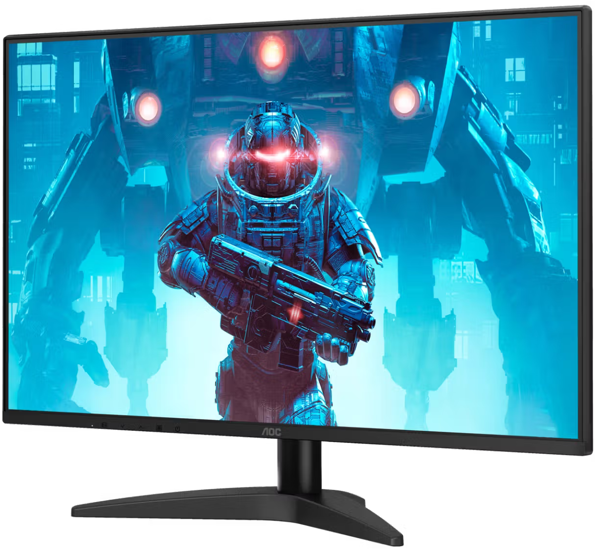 Egy fekete AOC monitor kék sci-fi jelenetet mutat robottal és katonával.