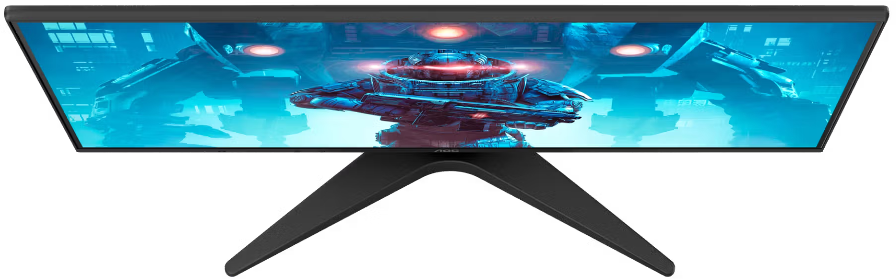 Ultrawide monitor felülnézete, amelyen egy kék sci-fi játékjelenet látható.
