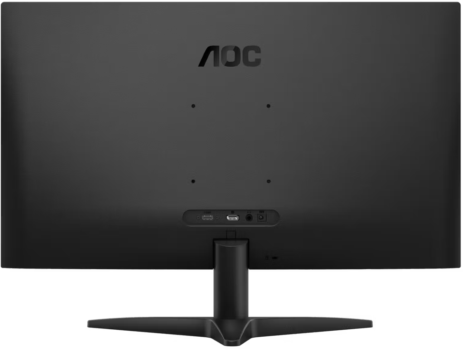Fekete AOC monitor hátoldala VESA lyukakkal, portokkal és talppal.