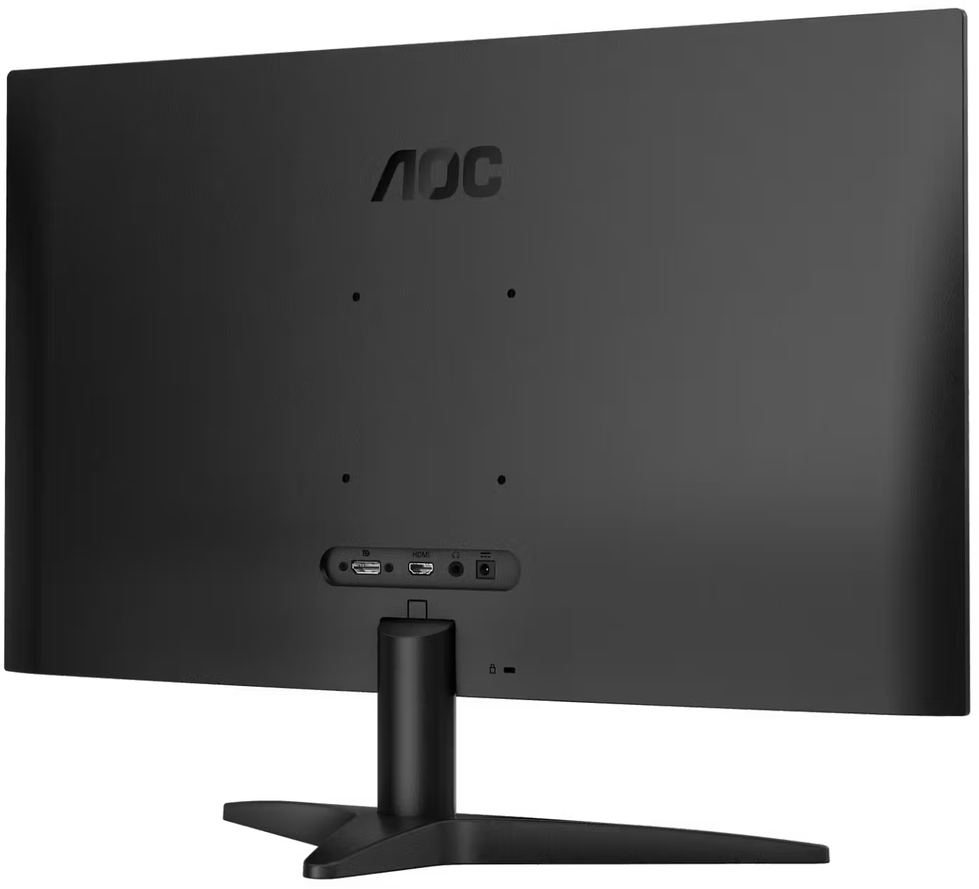 Egy fekete AOC monitor hátoldala állvánnyal, csatlakozókkal és VESA rögzítőlyukakkal.