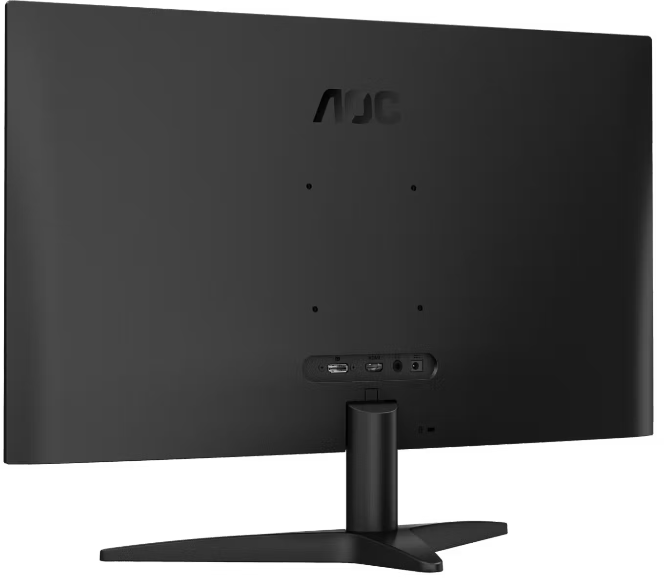 Egy fekete AOC monitor hátoldala állvánnyal és látható csatlakozókkal.