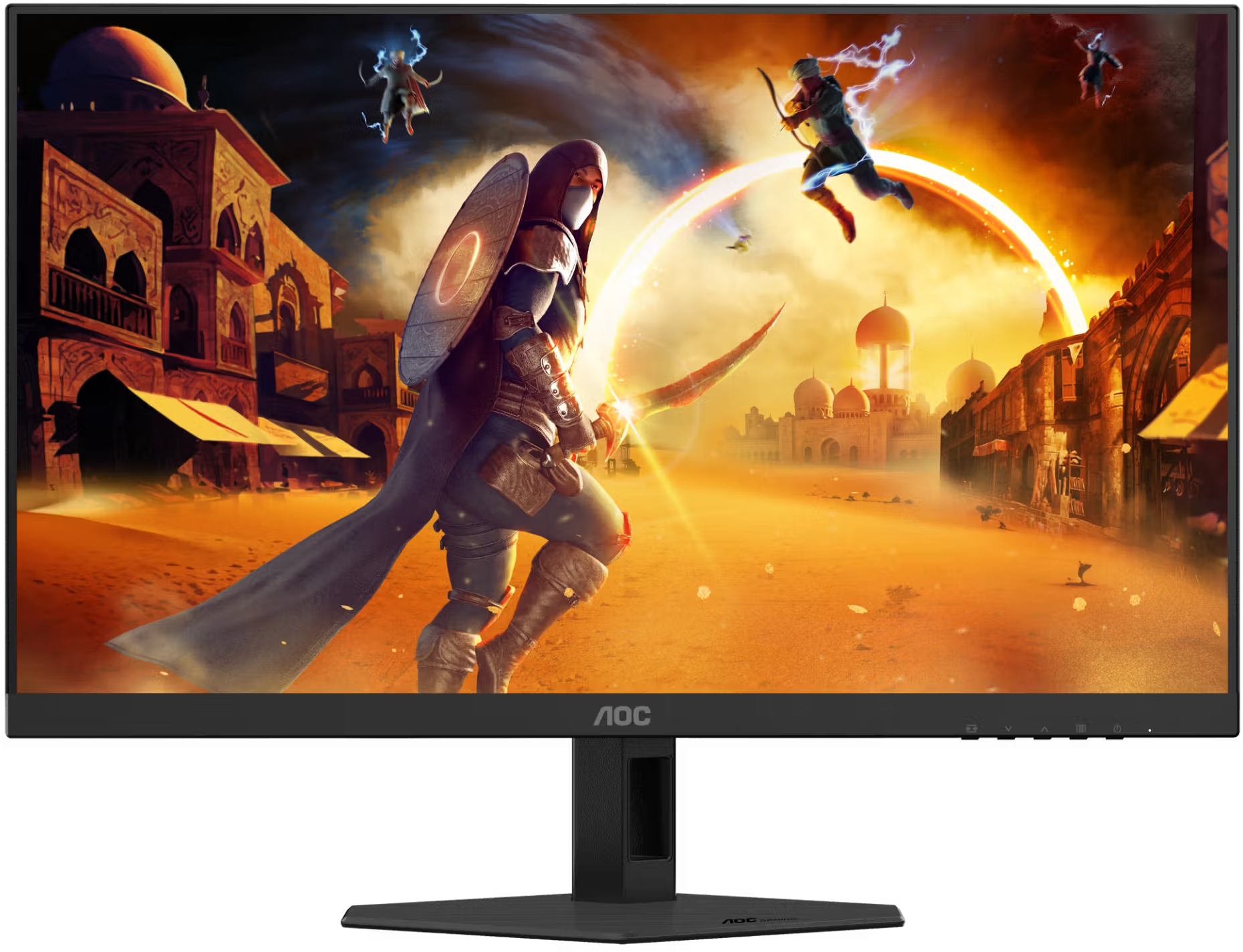 Egy AOC monitor fantasy sivatagi jelenetet mutat harcosokkal ősi épületek előtt és egy izzó gyűrűvel.
