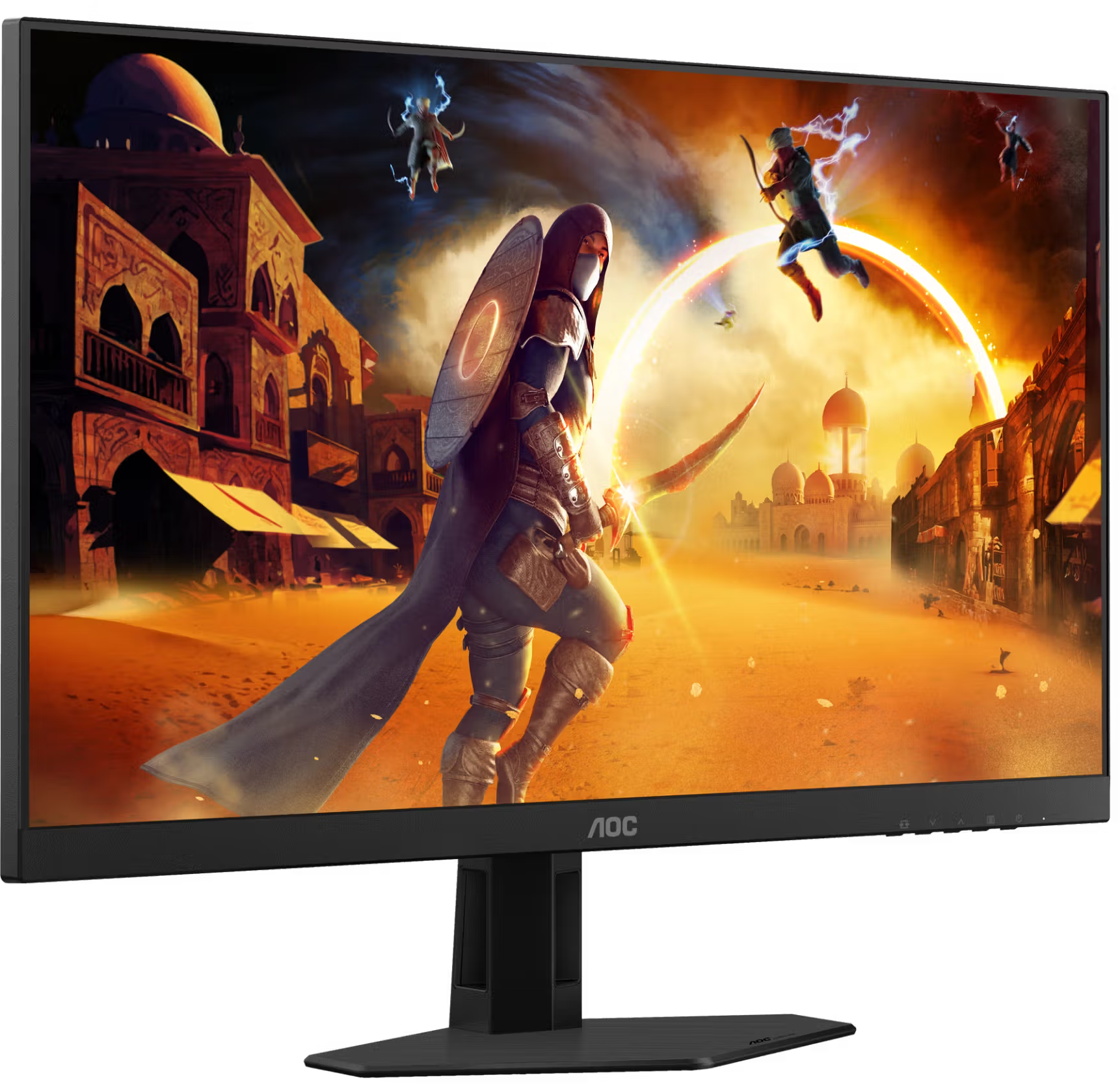AOC monitor sivatagi városban harcoló fantasy karakterekkel.
