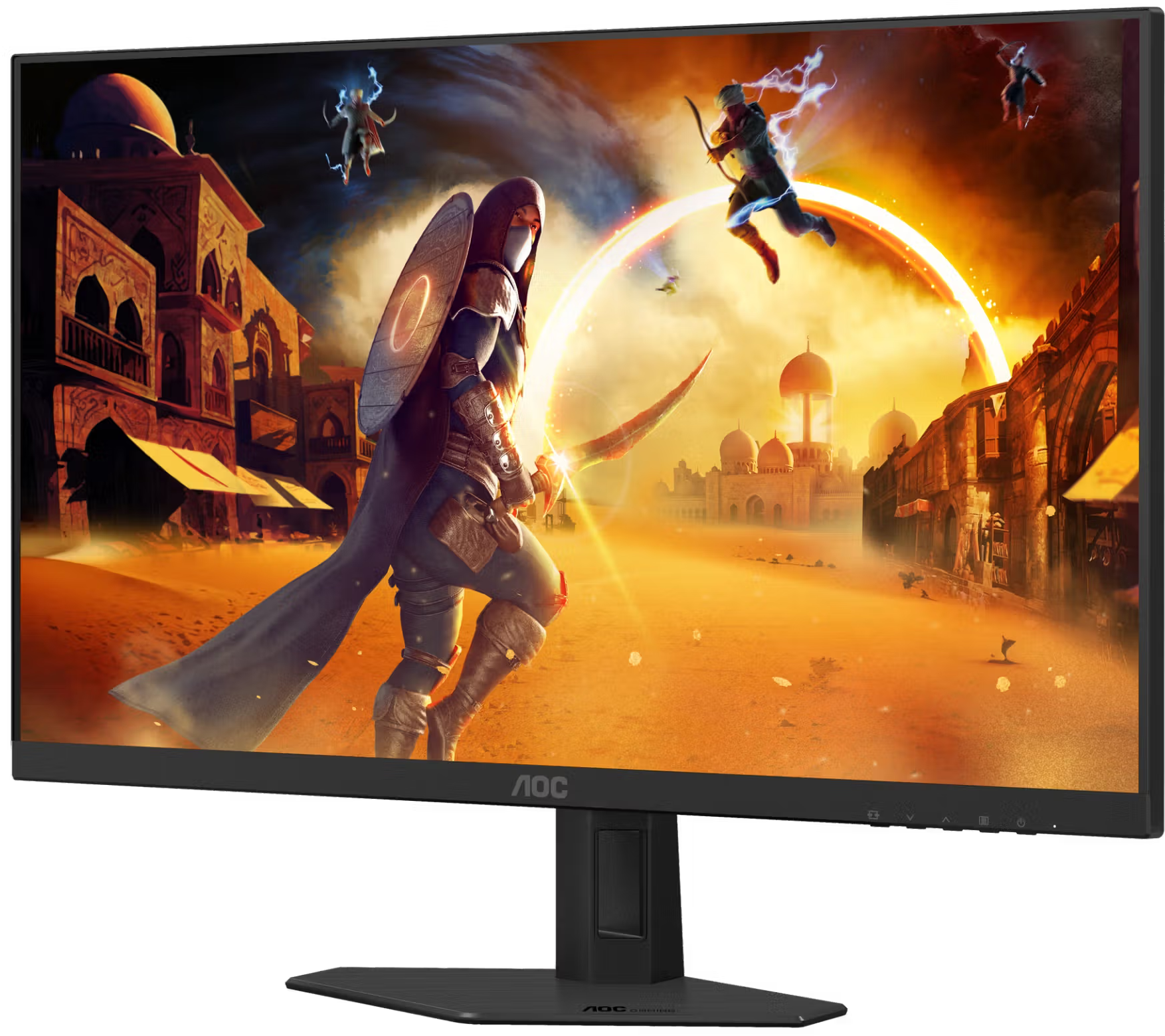Egy fekete AOC gamer monitor egy fantasy sivatagi jelenetet mutat harcosokkal.