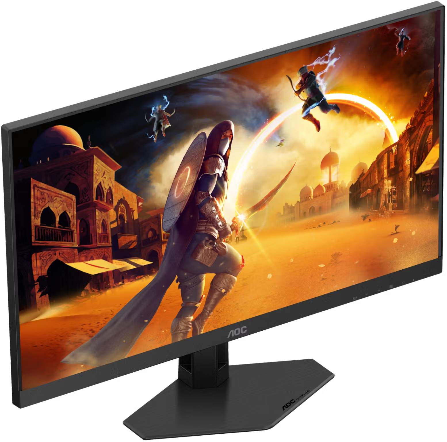 Egy ívelt AOC gamer monitor egy fantasy sivatagi jelenetet mutat karakterekkel.