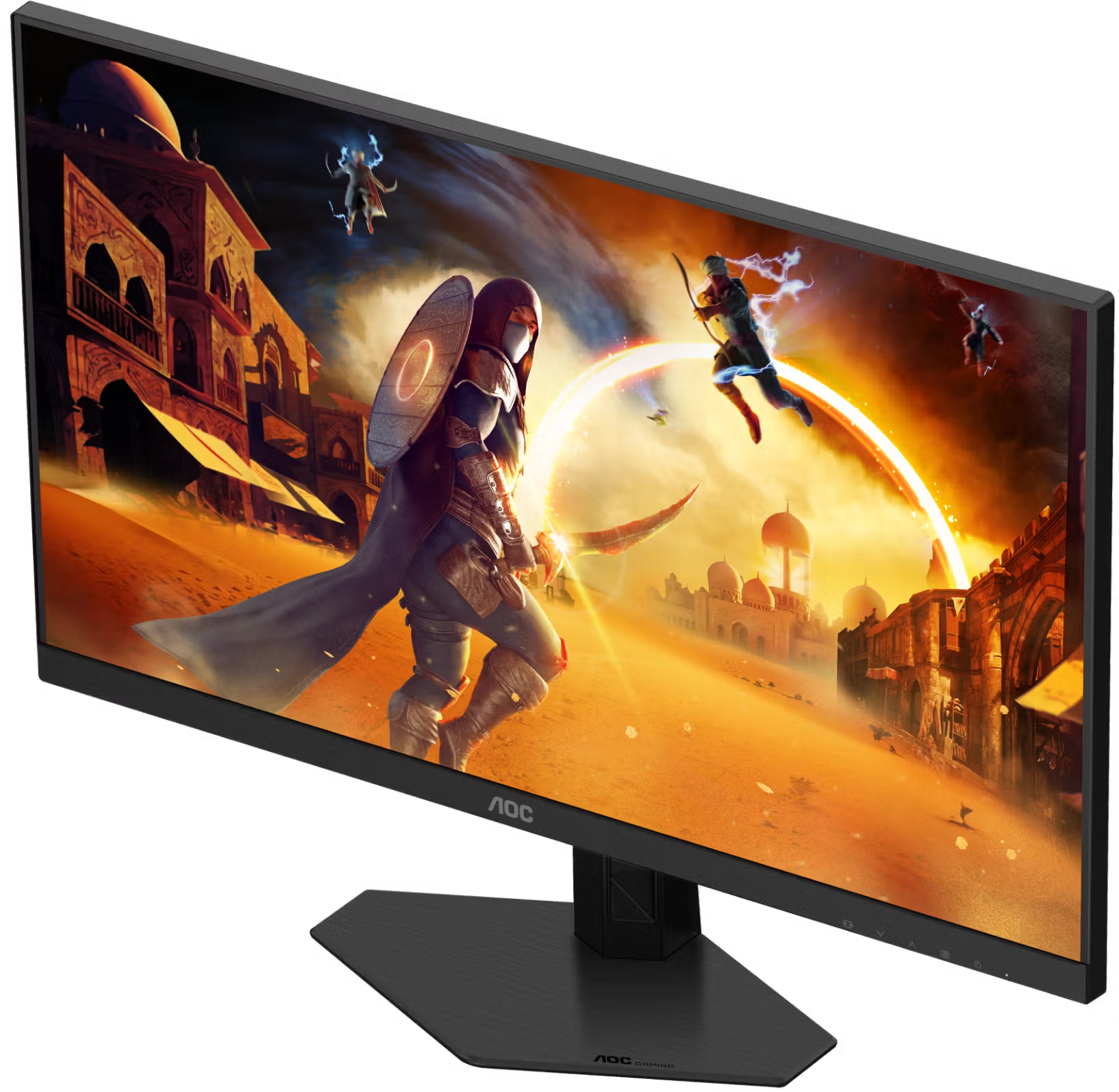 AOC gamer monitor, amelyen egy fantasy sivatagi jelenet látható harcosokkal.