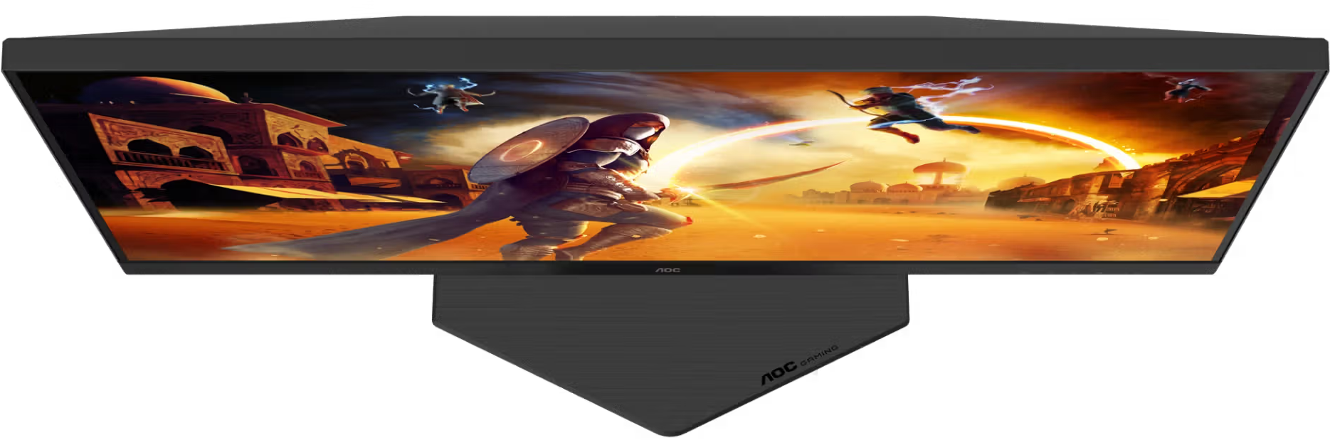 Egy ultraszéles AOC gamer monitor egy fantasy sivatagi jelenetet mutat harcoló karakterekkel.