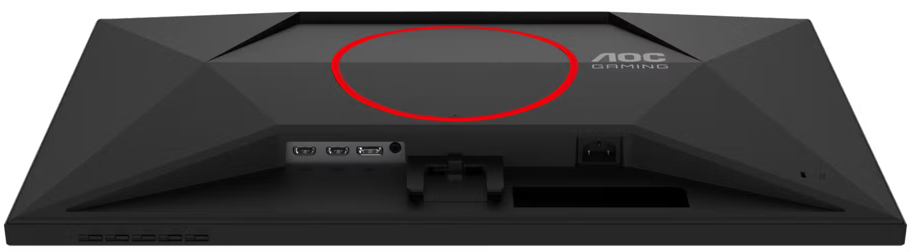 Fekete AOC gamer monitor hátulja portokkal és piros körrel a felső burkolaton.