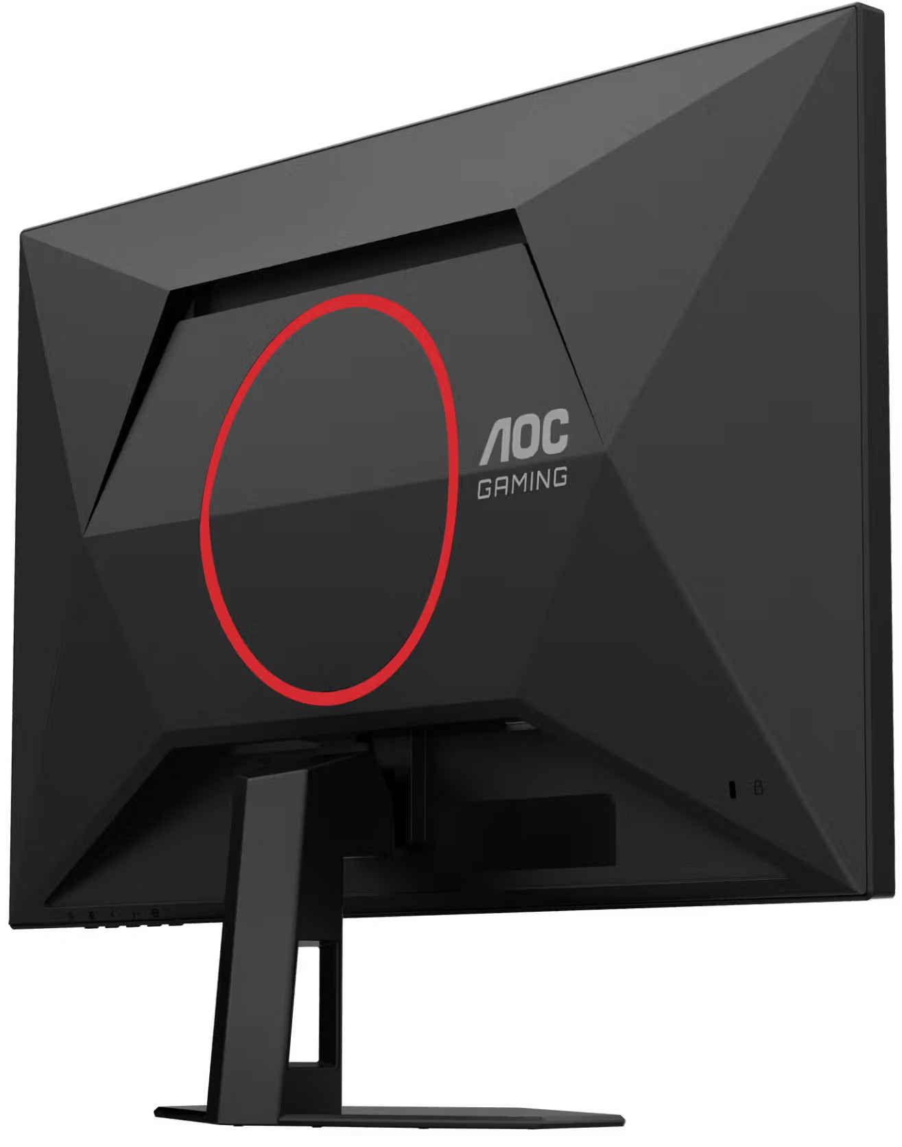 Egy fekete AOC gamer monitor hátulja piros körrel és AOC Gaming logóval.