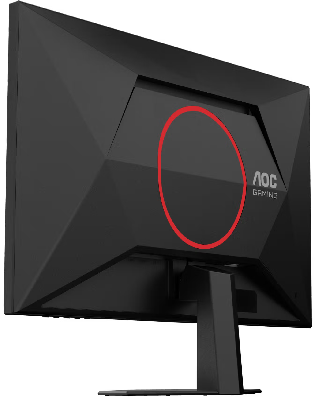 Egy fekete AOC gamer monitor hátoldala piros körrel és állvánnyal fekete háttér előtt.