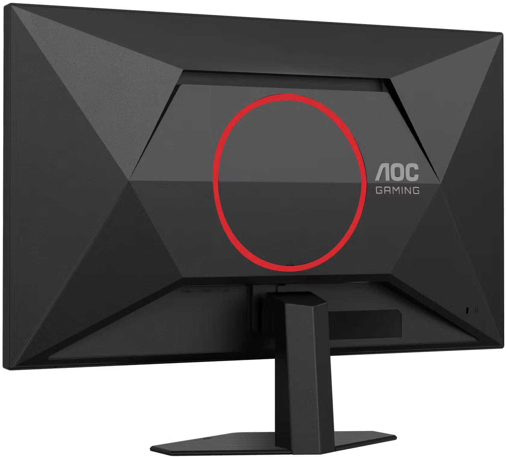 Fekete AOC gamer monitor hátulja piros körrel és szögletes dizájnnal.