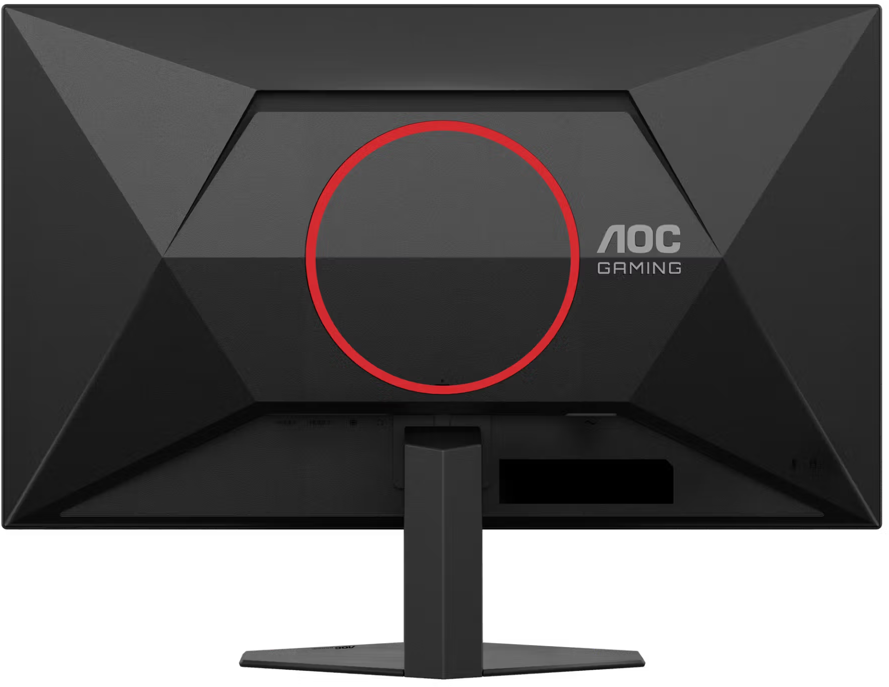 Fekete AOC játékmonitor hátulja piros körrel és szögletes dizájnnal.
