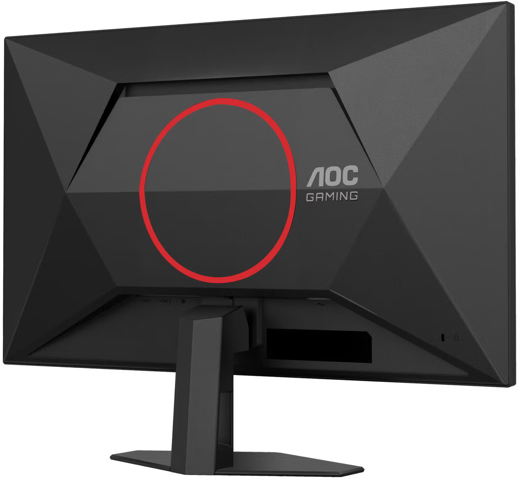 Egy fekete AOC gamer monitor hátulja piros körrel és a márkajelzéssel.