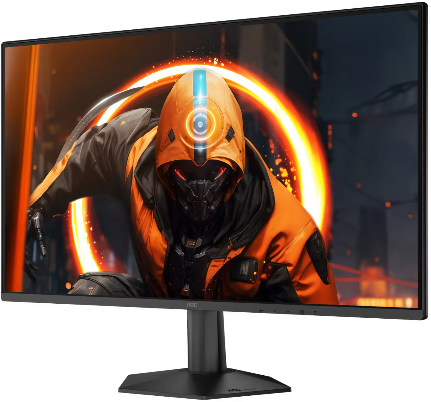 Egy monitor egy narancssárga csuklyás sci-fi karaktert mutat be izzó gyűrű és sötét háttér előtt.