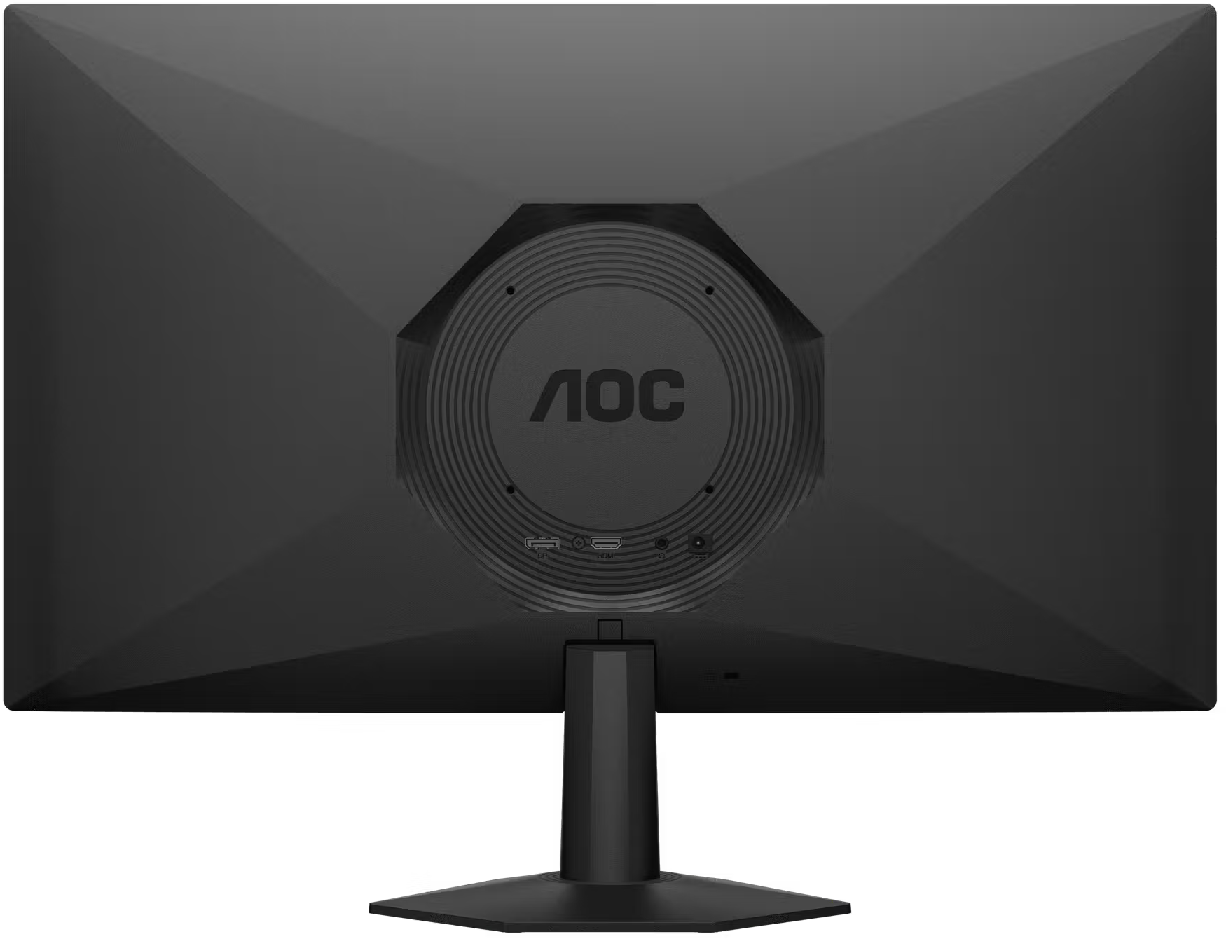 Egy fekete AOC monitor hátoldala VESA tartóval és különféle csatlakozókkal, állványon.