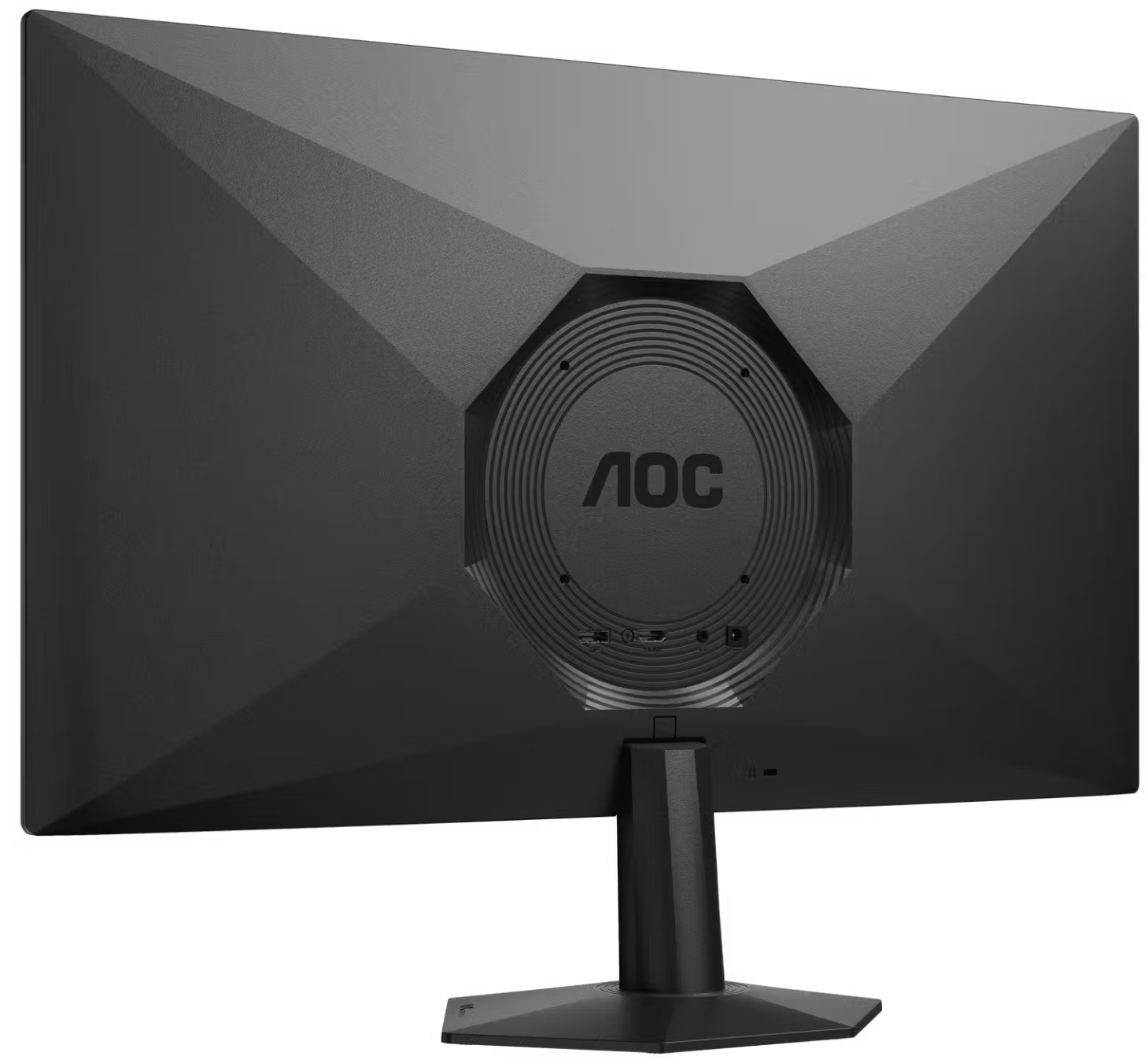 Egy fekete AOC monitor hátoldala szögletes dizájnnal és talppal, sötét háttér előtt.