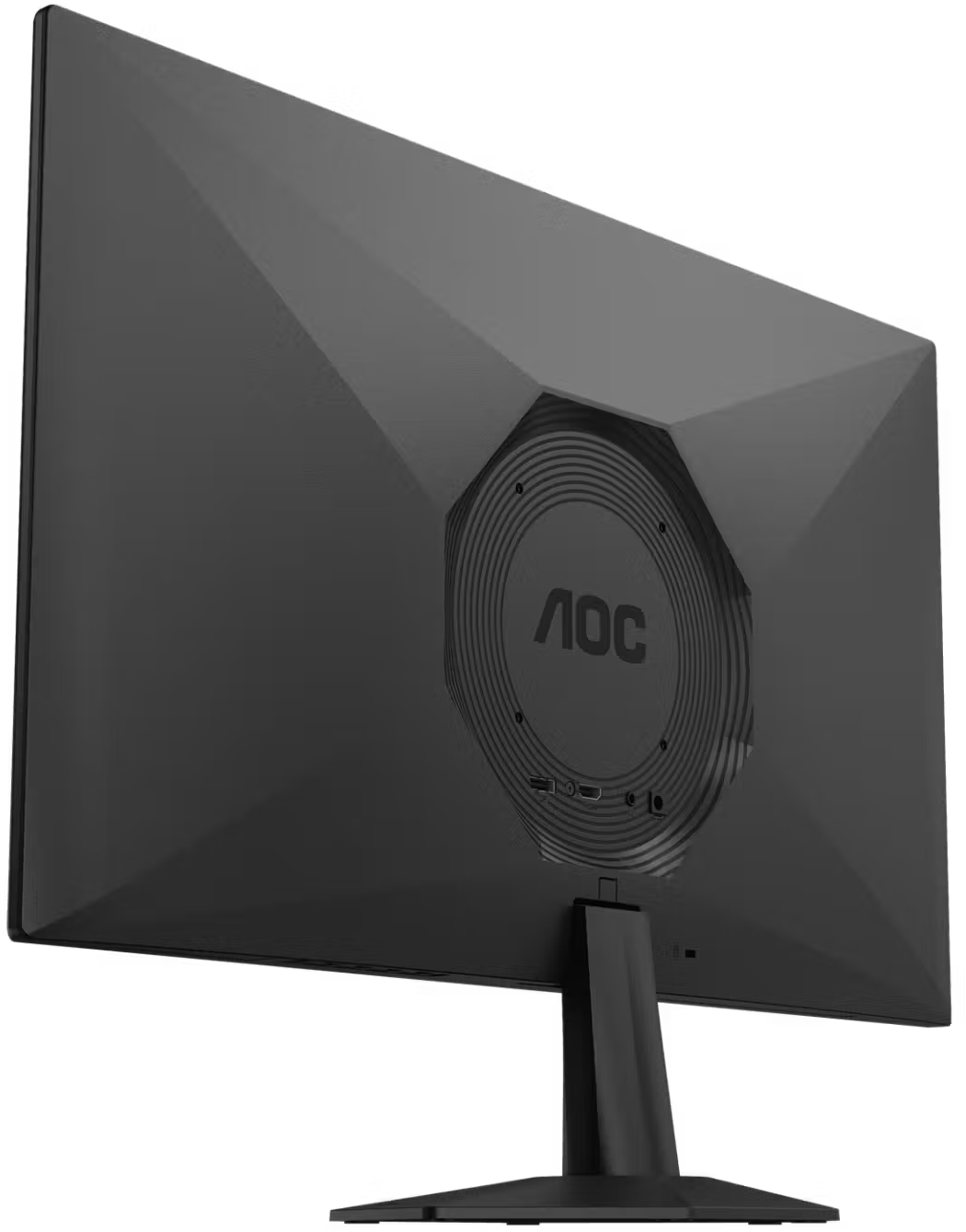 Egy fekete AOC monitor hátoldala kör alakú mintával és állvánnyal fekete háttér előtt.