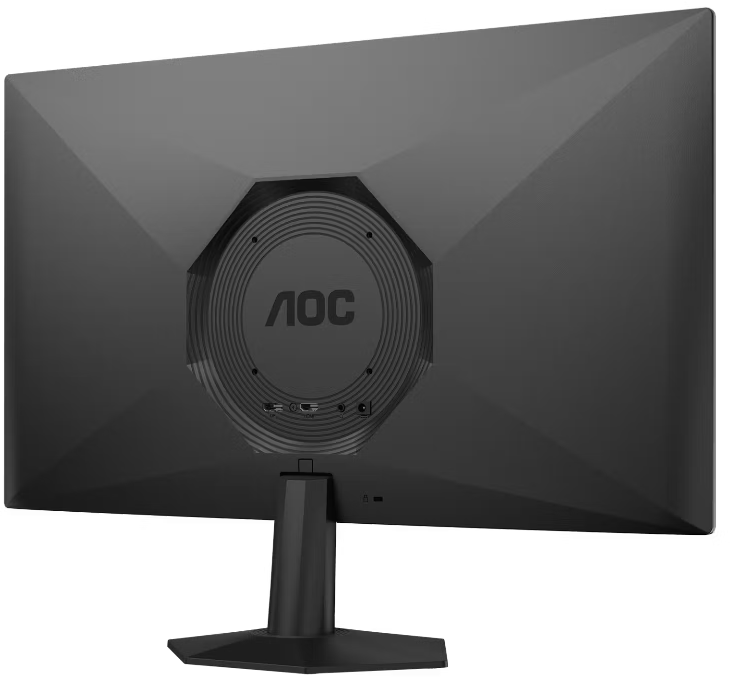 Egy fekete AOC monitor hátulnézete kör alakú bemélyedéssel és állvánnyal sötét háttér előtt.