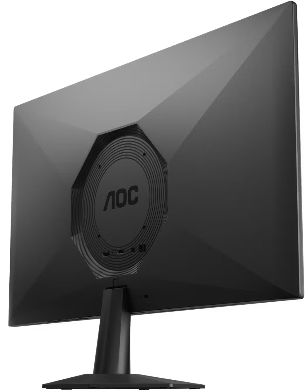 Fekete AOC monitor hátulnézete mintás hátlappal és állvánnyal fekete háttér előtt.