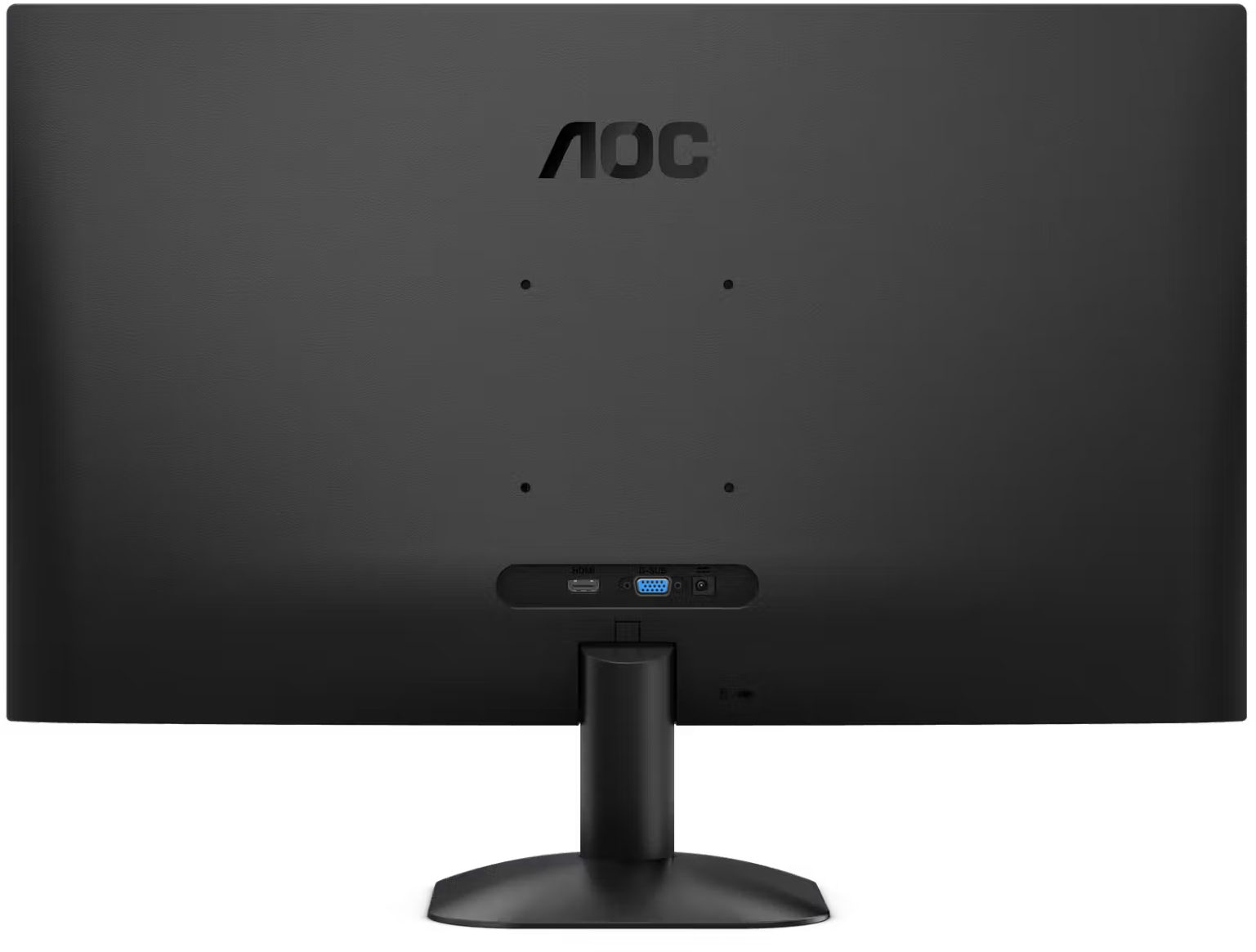 Egy fekete AOC monitor hátoldala állvánnyal és csatlakozókkal.