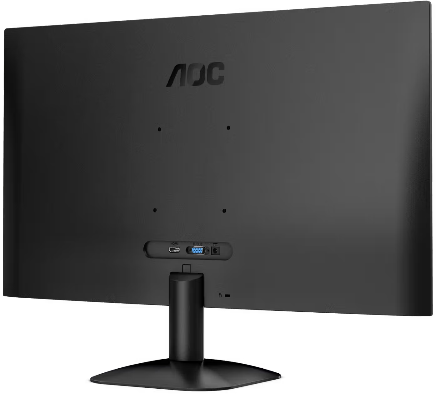 Egy fekete AOC monitor hátoldala állvánnyal, portokkal és VESA rögzítőfuratokkal.