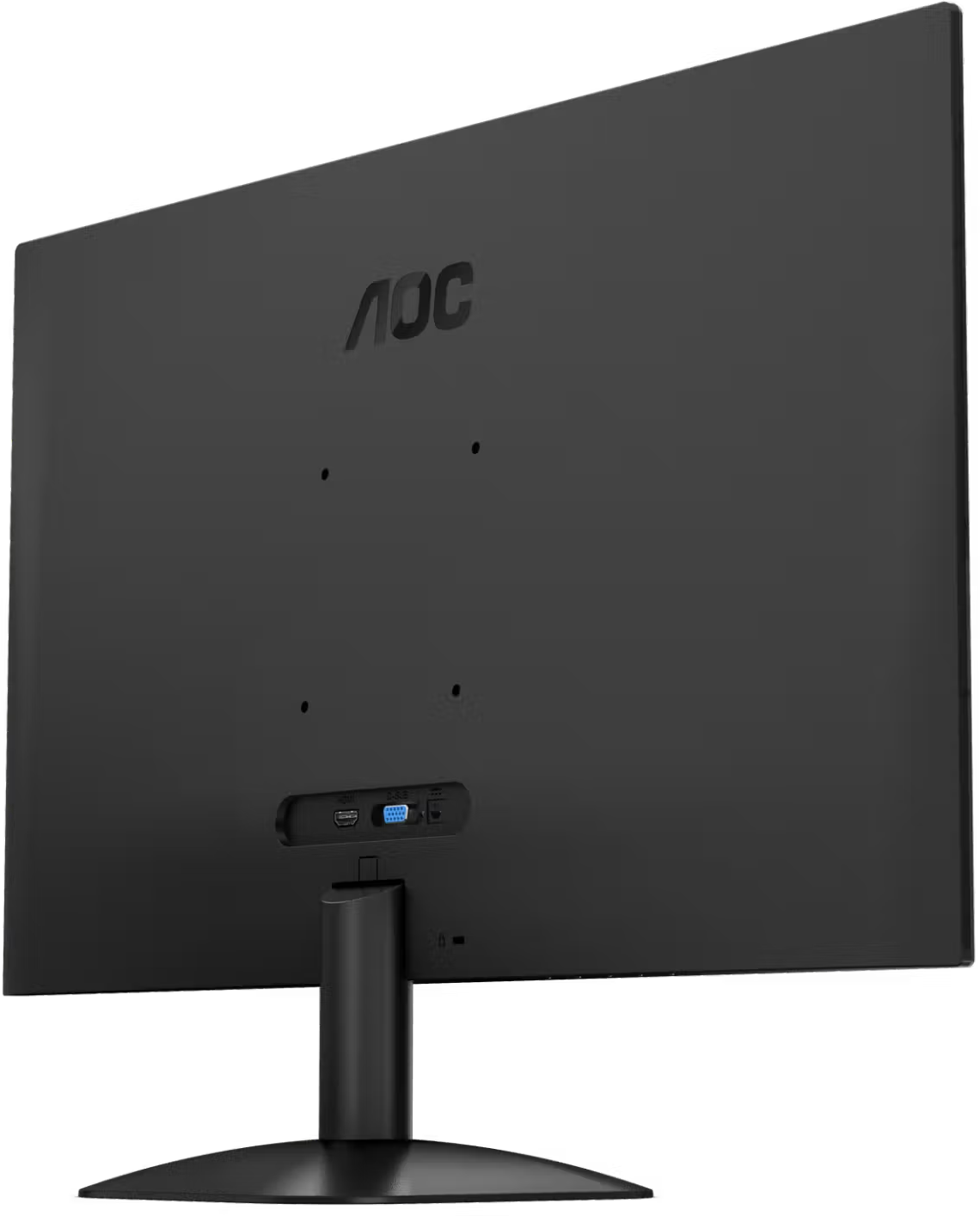 Egy fekete AOC monitor hátoldala állvánnyal és csatlakozókkal sötét háttér előtt.